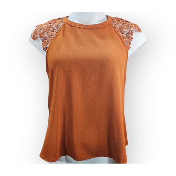 Monteau Blouse Size Large Burnt Orange Lace Sleeves Keyhole Back Pullover - Picture 1 of 9